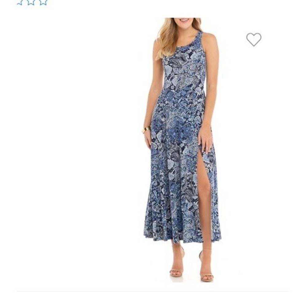 Michael Kors Blue Paisley Maxi Dress M Sleeveless Jersey Front Slit Floor Length